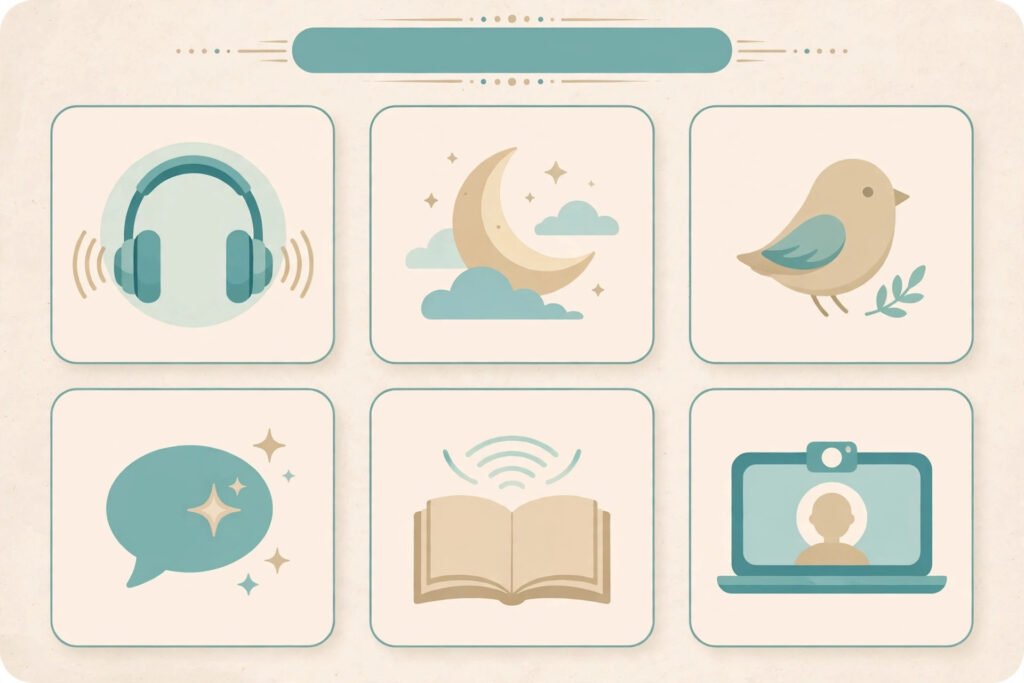 Infographic comparing six mental health app types: guided meditation, sleep stories, habit-building pet, AI chat companion, free meditation library, and licensed online therapy