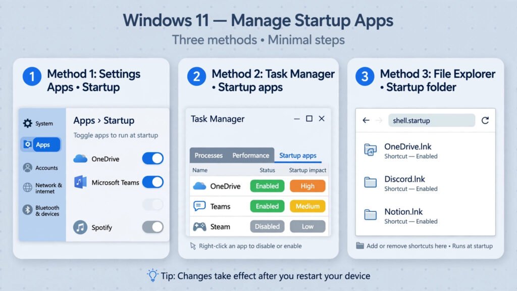 Illustration of the three ways to manage Windows 11 startup programs: the Settings toggle list, the Task Manager Startup apps tab, and the Startup folder with shortcuts