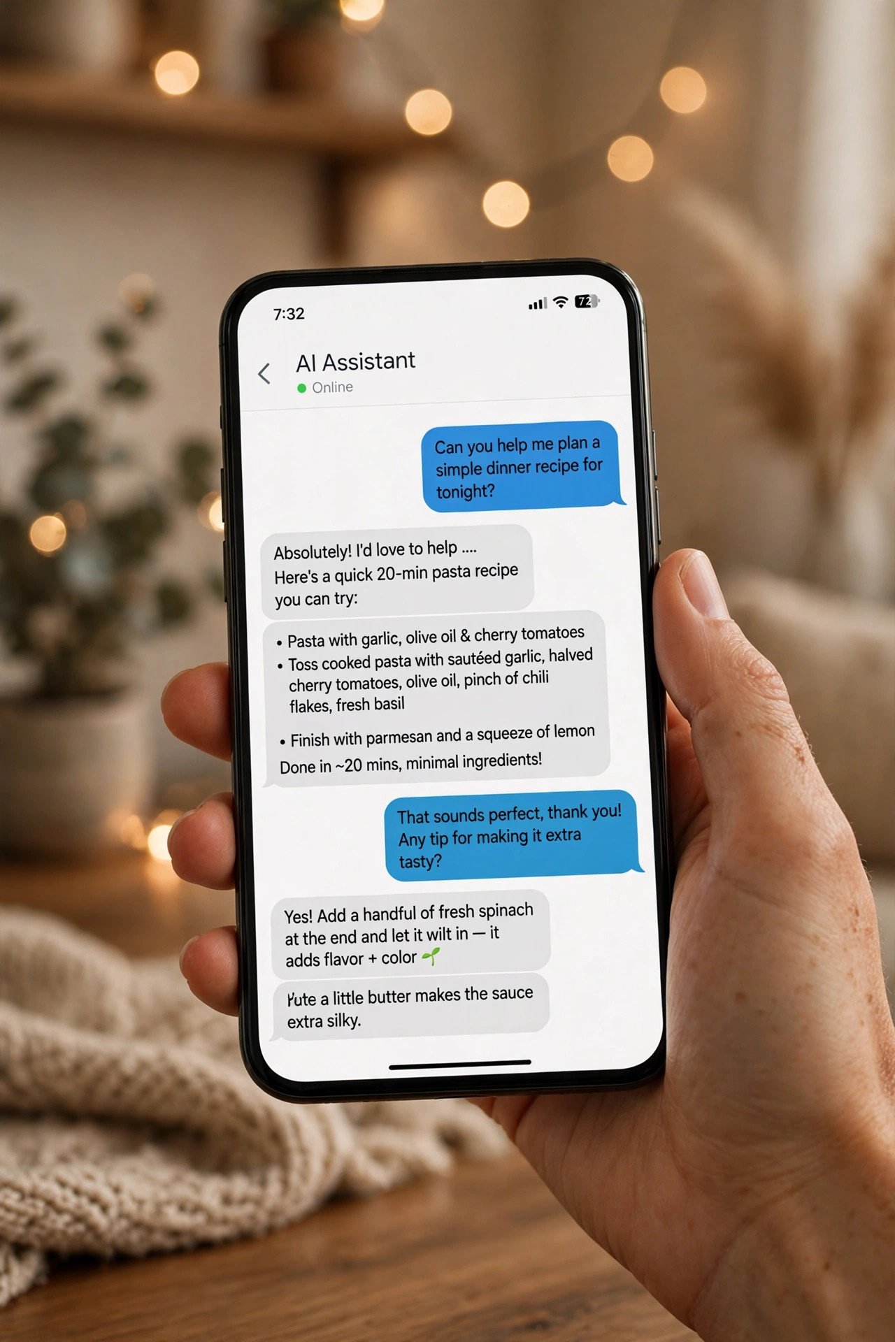 Person chatting with an AI assistant app on a smartphone
