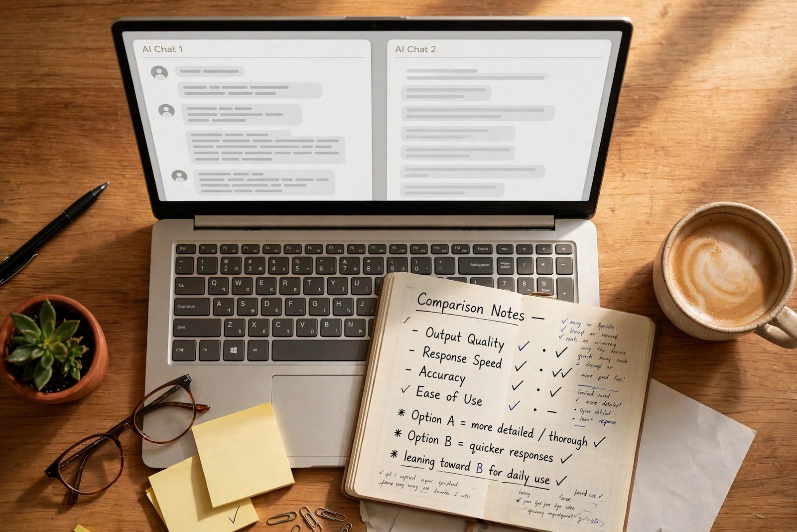 Desk with a laptop showing two AI chat windows side by side and a notebook with comparison notes