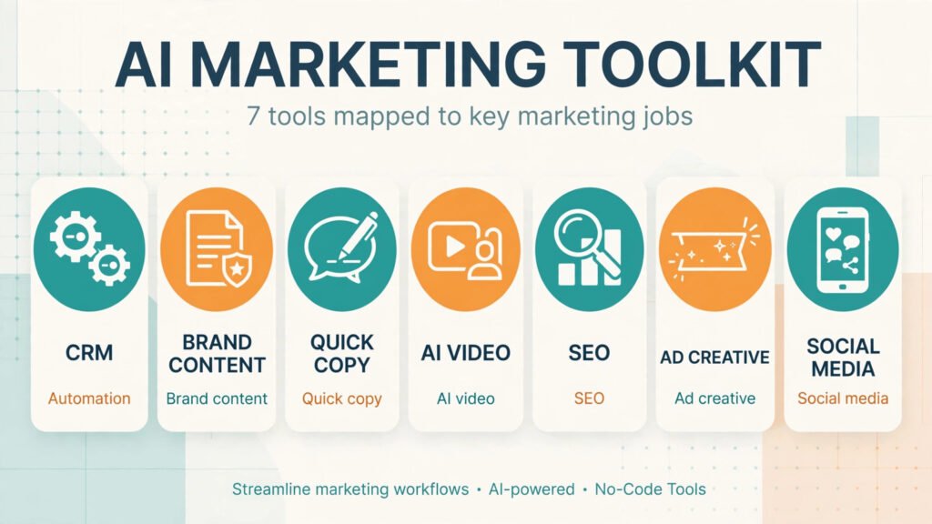 Infographic mapping seven AI marketing tools to the marketing jobs they handle: CRM automation, brand content, quick copy, AI video, SEO, ad creative, and social media