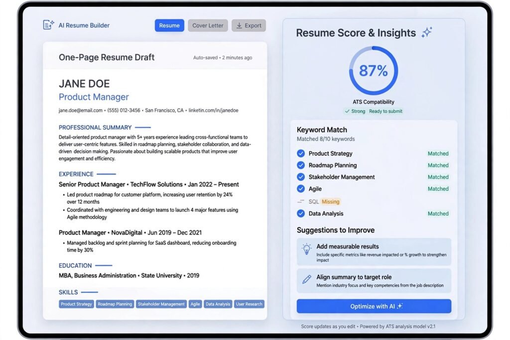 Resume builder screen showing an ATS score panel next to a formatted resume draft