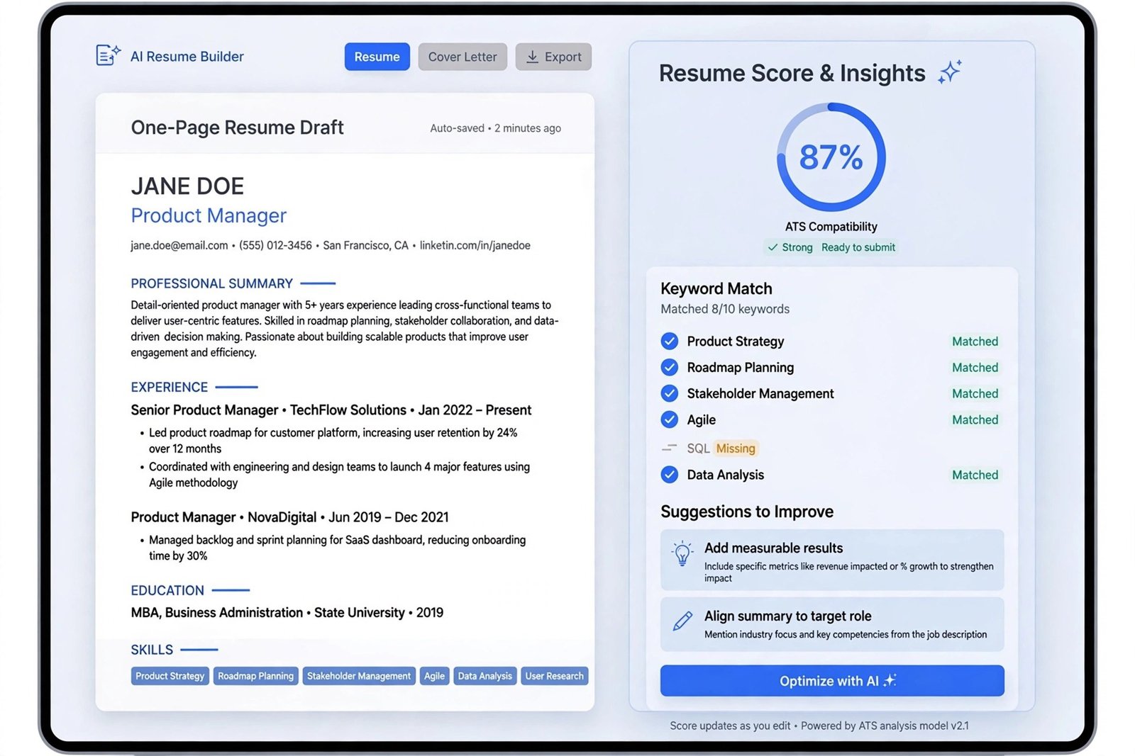 Resume builder screen showing an ATS score panel next to a formatted resume draft