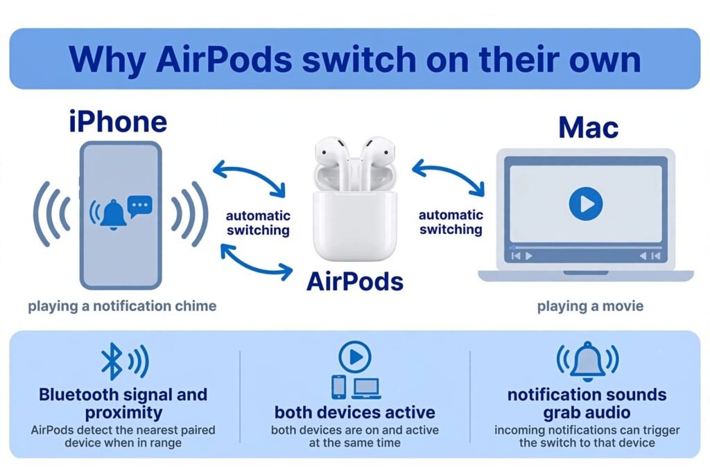 Illustrated diagram showing AirPods between an iPhone and a Mac, with the three triggers that cause automatic switching: Bluetooth signal and proximity, both devices active, and notification sounds