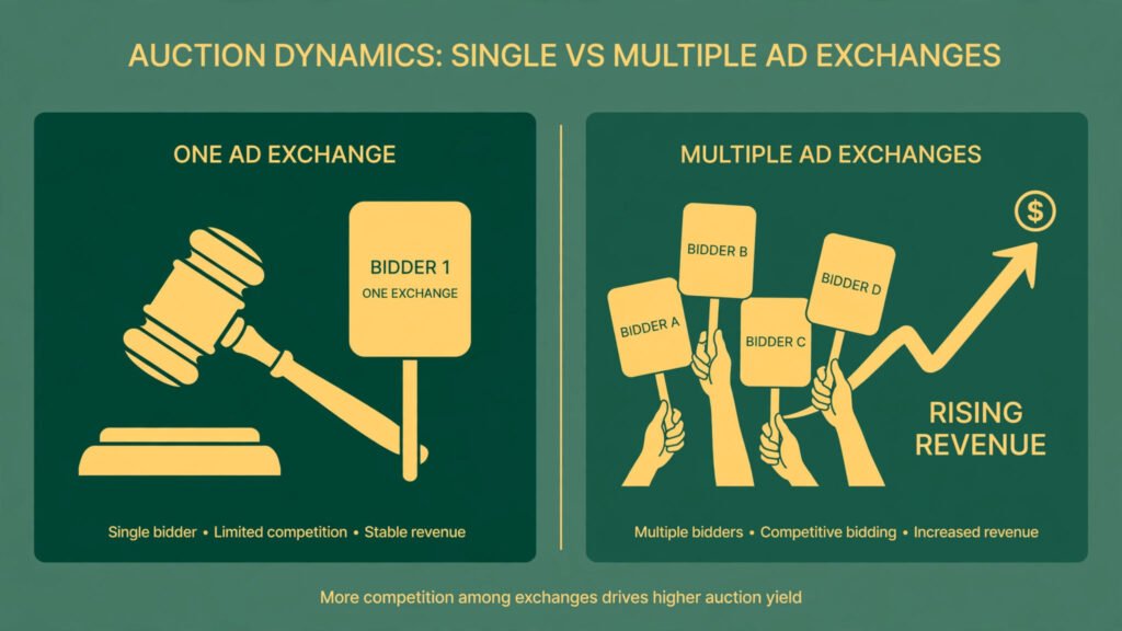 Diagram comparing AdSense's single ad auction against a competitive multi-network auction that pushes ad rates higher