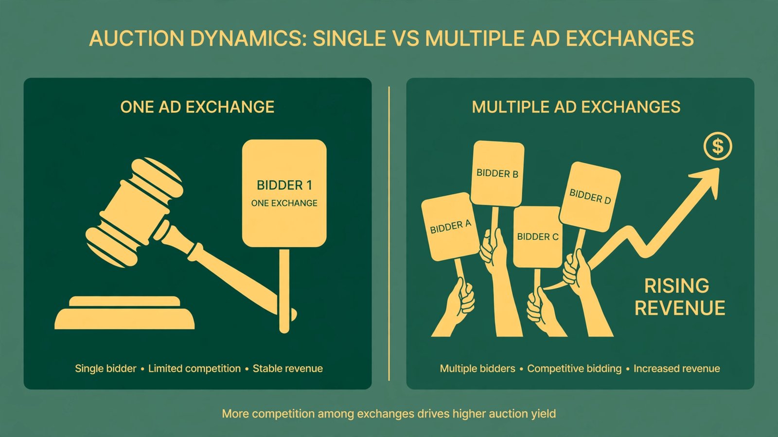 Diagram comparing AdSense's single ad auction against a competitive multi-network auction that pushes ad rates higher