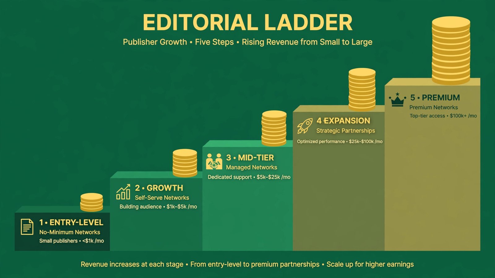 Ladder infographic matching ad networks to publisher traffic tiers from entry-level to premium
