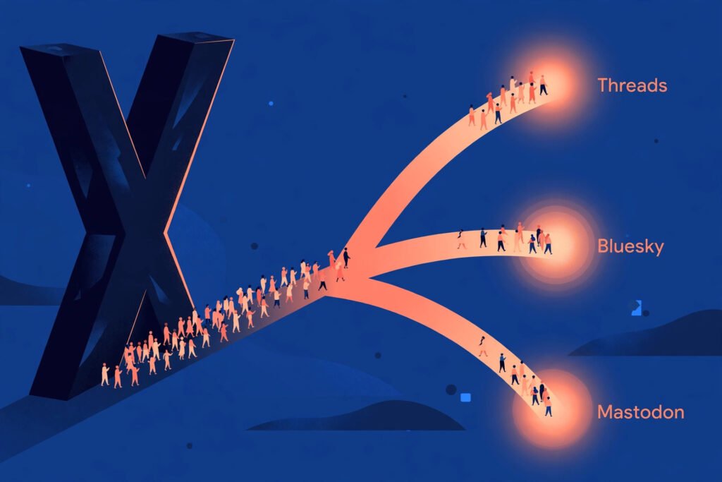 Illustration of users migrating from the X logo toward three destinations: Threads, Bluesky, and Mastodon, shown as diverging paths
