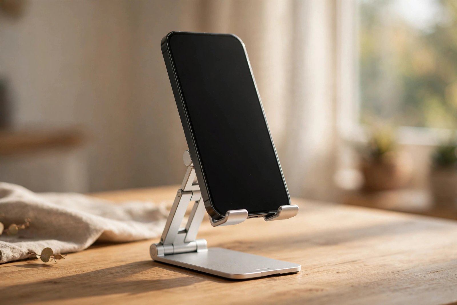 Adjustable aluminum phone stand holding a smartphone upright on a desk