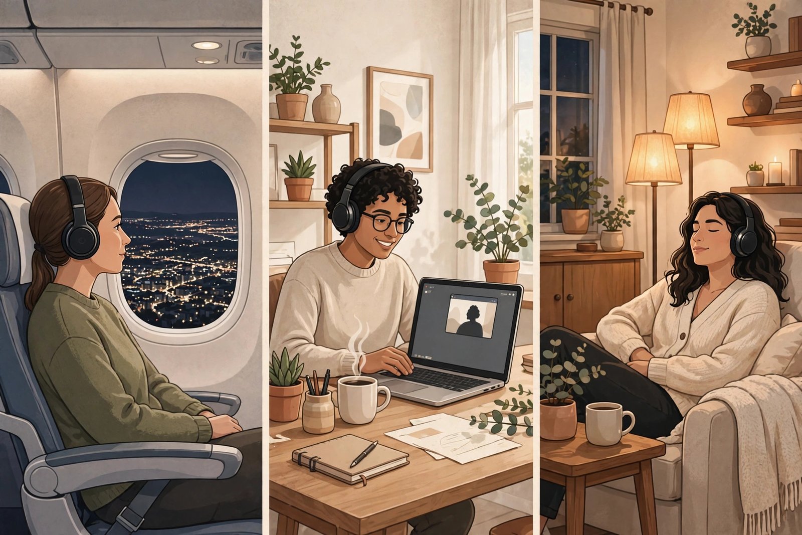 Illustration of three use cases for noise-cancelling headphones: airplane travel, video calls at a home office, and relaxed listening in a living room