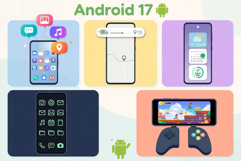 Android 17 headline features overview showing floating app bubbles, live updates notification, lock screen widgets and themed interface