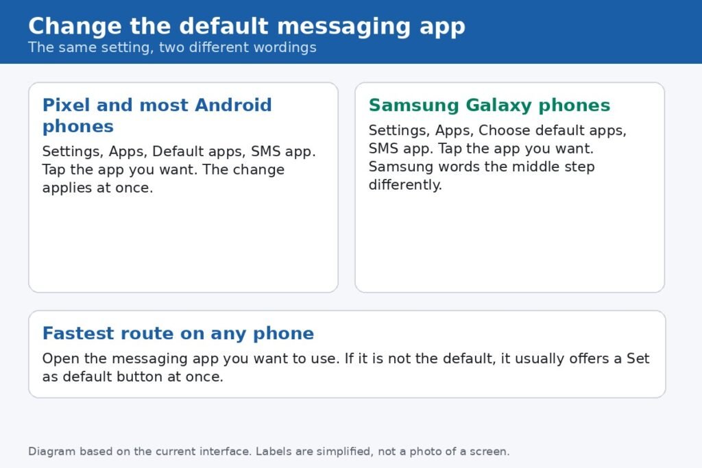 Diagram comparing the default messaging app routes on Pixel phones and Samsung Galaxy phones, plus the fastest route through the app itself