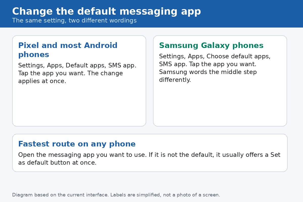 Diagram comparing the default messaging app routes on Pixel phones and Samsung Galaxy phones, plus the fastest route through the app itself