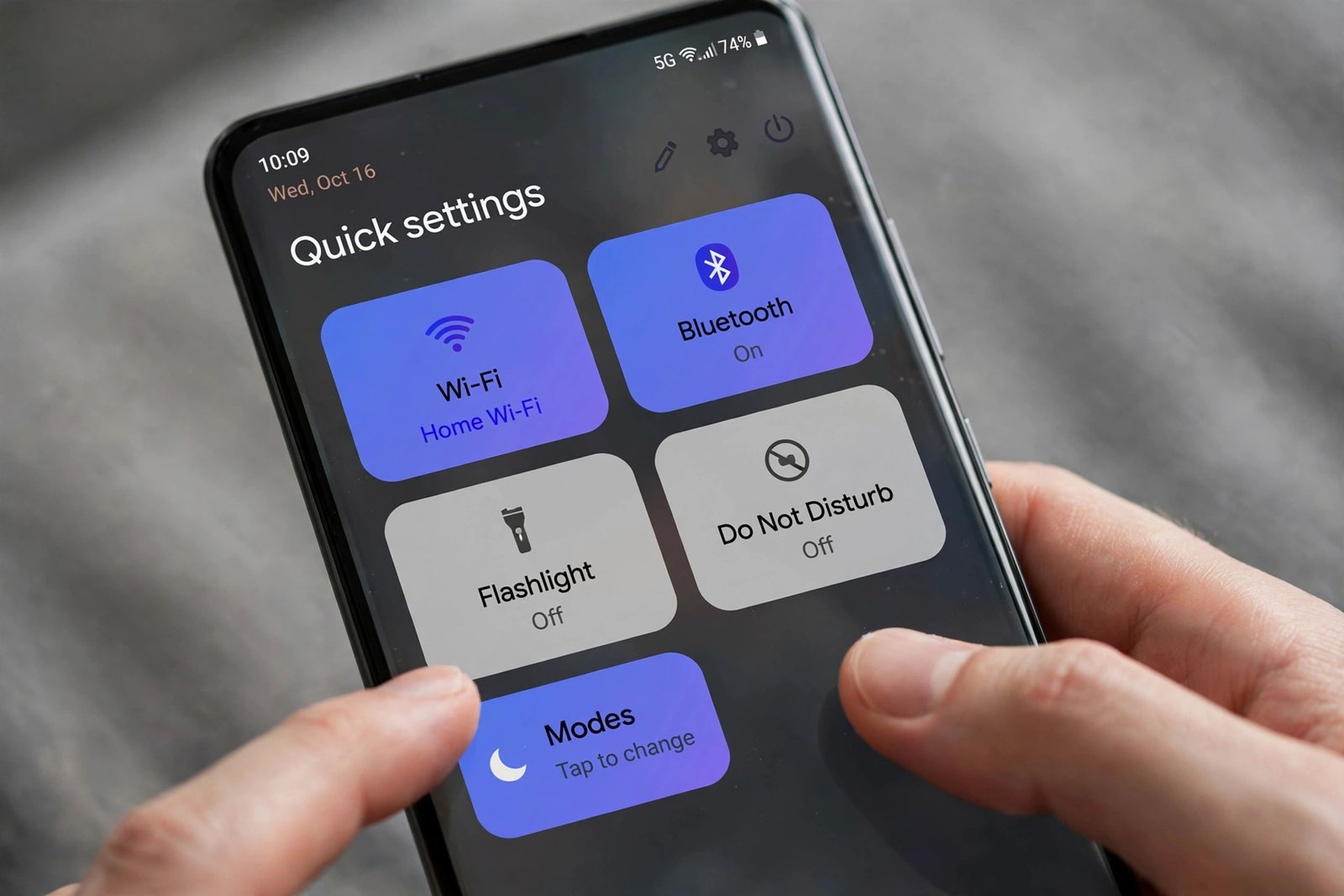 Phone screen showing the Android Quick Settings panel with the Modes tile highlighted for one-tap Do Not Disturb