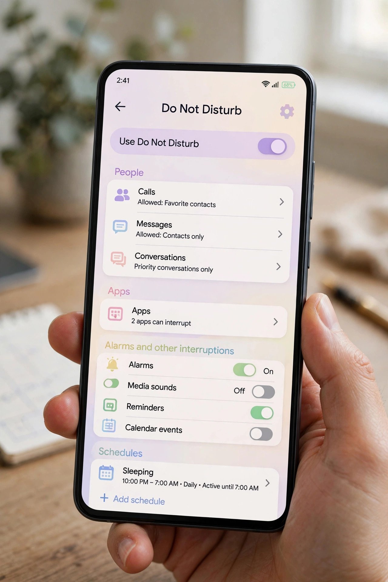 Android settings screen showing Do Not Disturb schedule options and allowed people exceptions