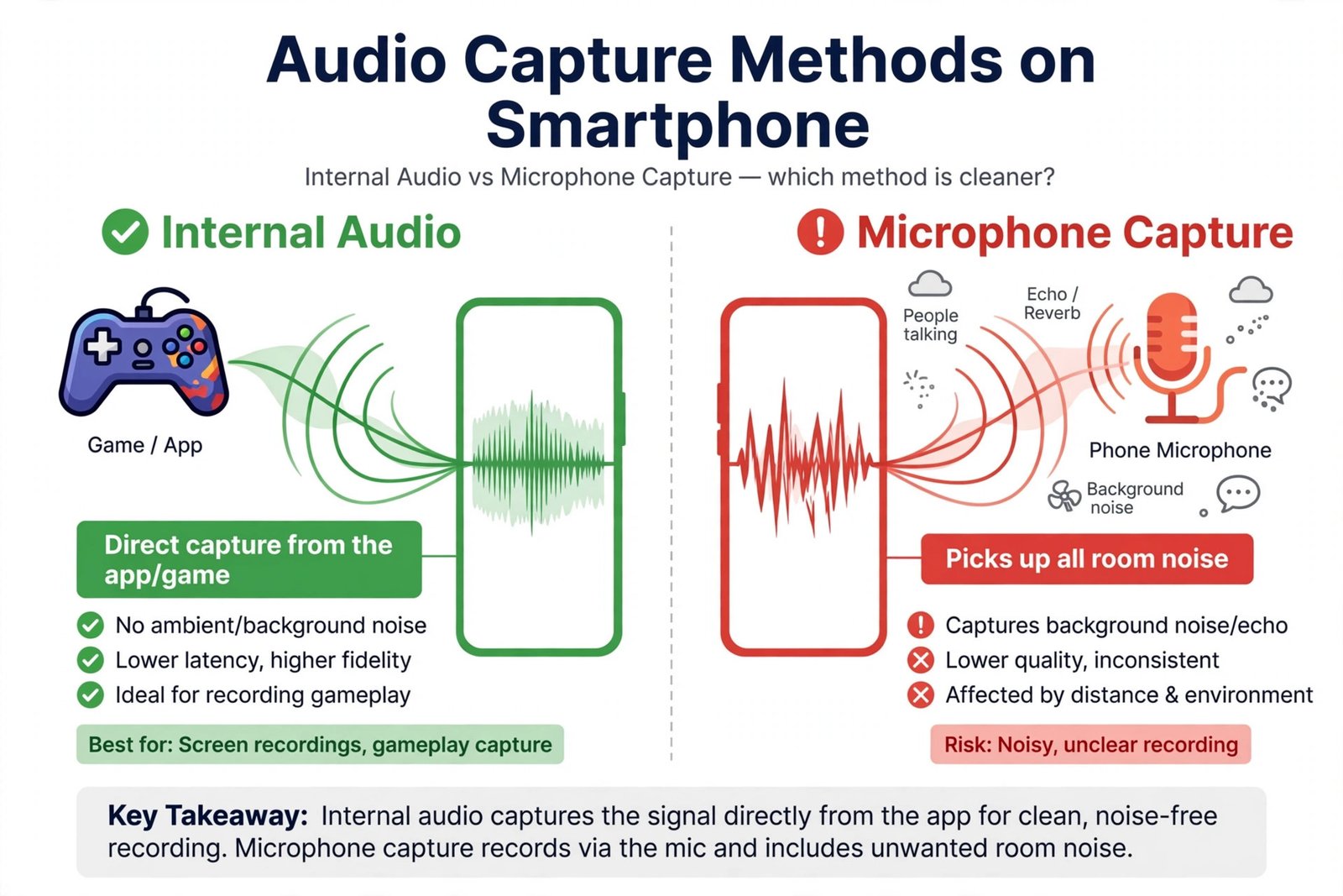 Diagram explaining internal audio recording on Android 10 and later versus microphone audio, showing where to change the setting