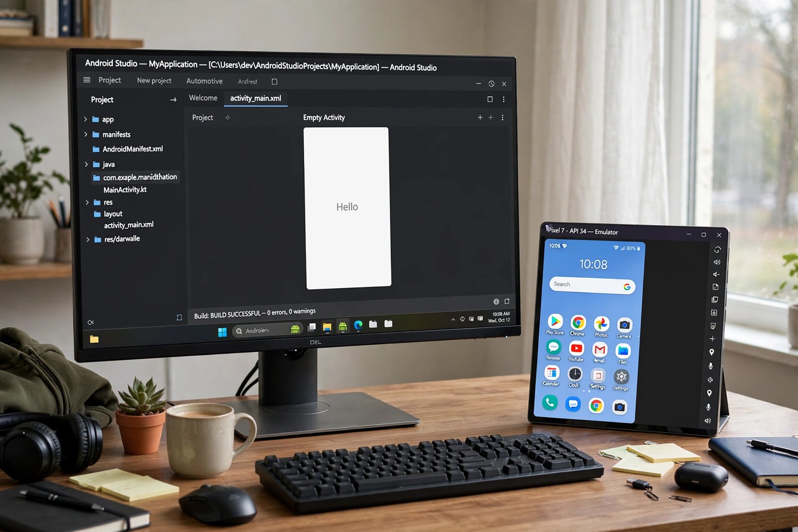 Android Studio open on Windows with a new project and the Android emulator running a virtual phone beside it