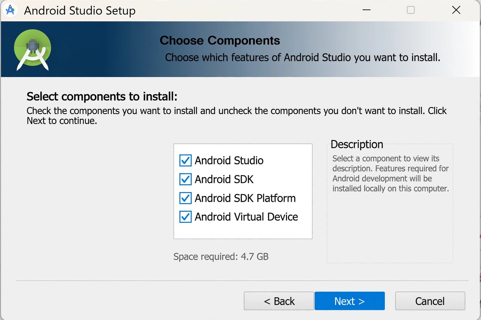 Android Studio setup wizard on Windows showing the component selection screen with SDK and emulator options
