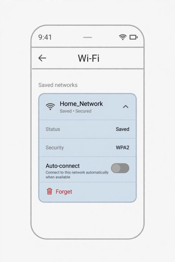Android Wi-Fi network details with the Auto-connect toggle turned off and a Forget option below it