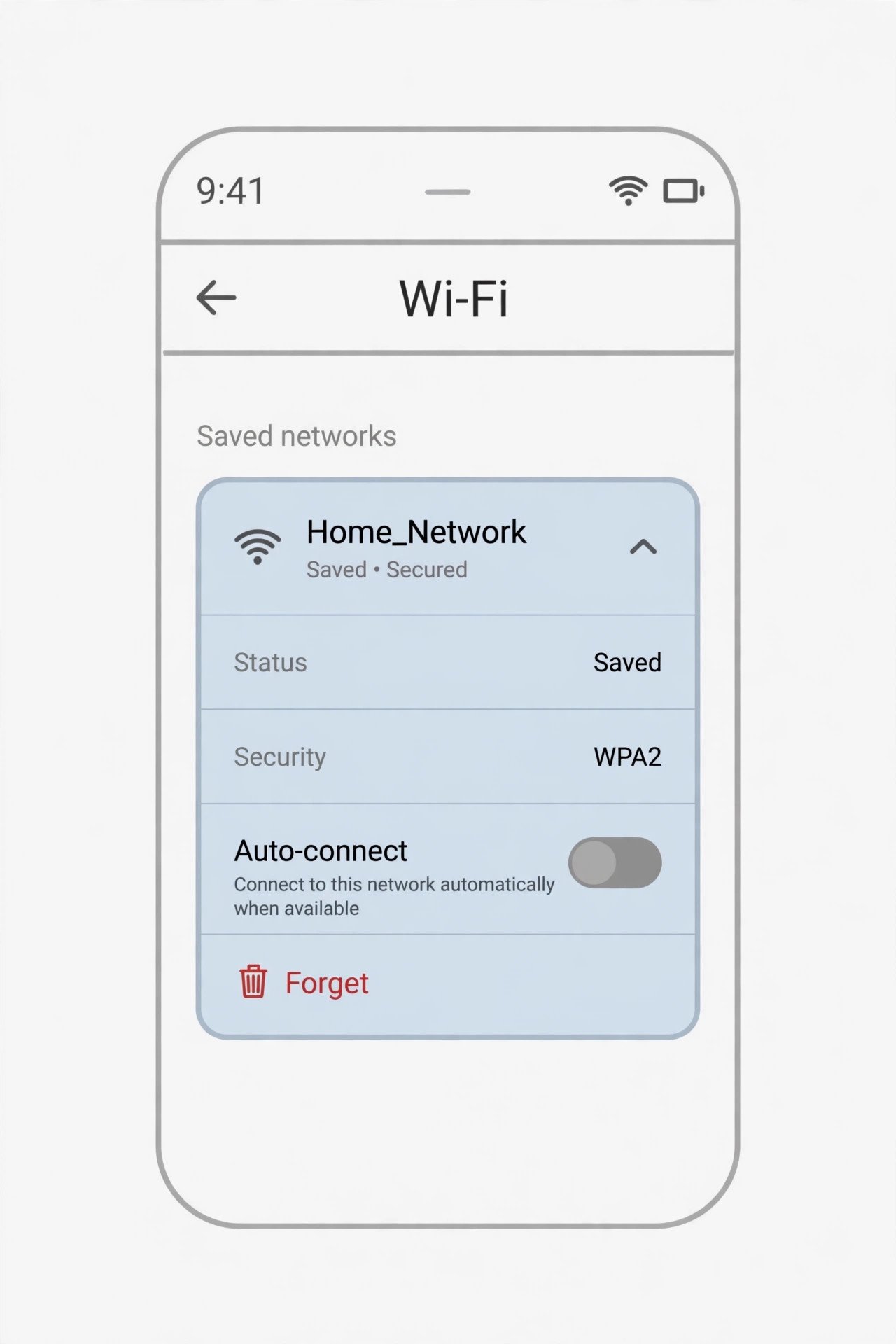 Android Wi-Fi network details with the Auto-connect toggle turned off and a Forget option below it