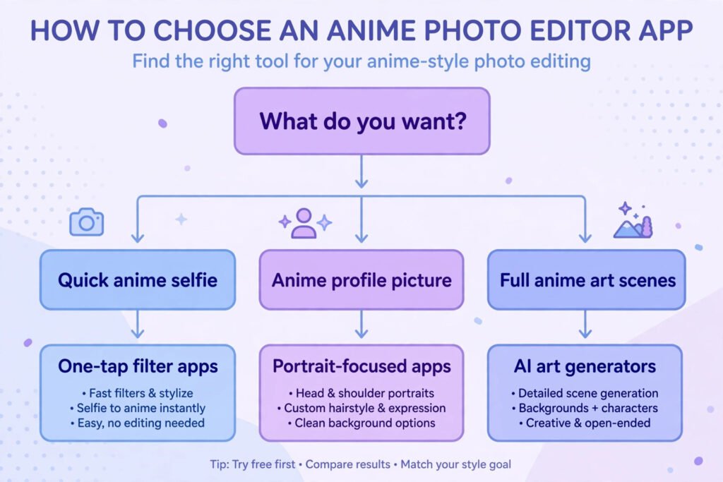 Flowchart for choosing an anime photo editor app: quick anime selfie, anime profile picture, or full anime art scenes