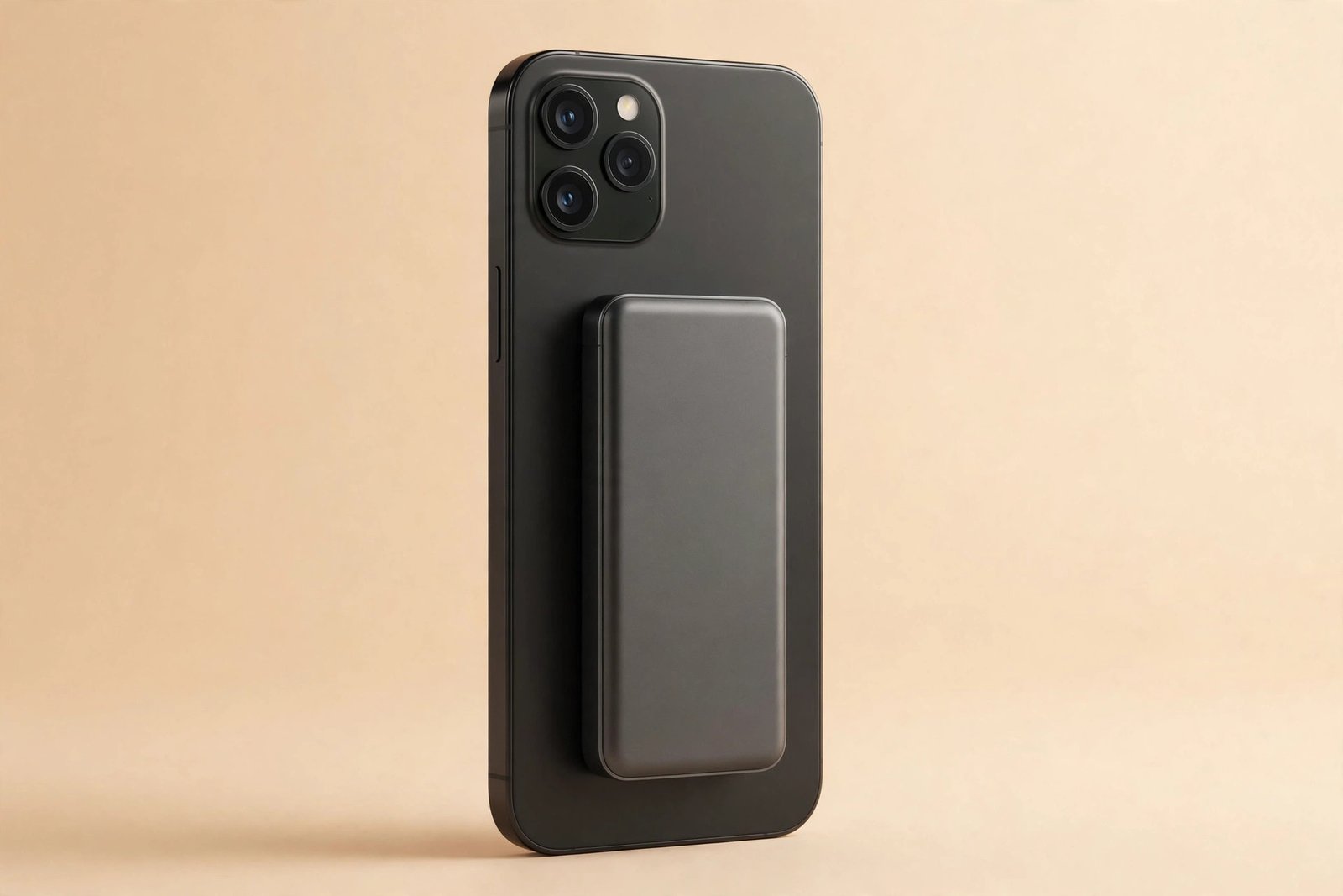 Slim magnetic wireless power bank attached to the back of a smartphone