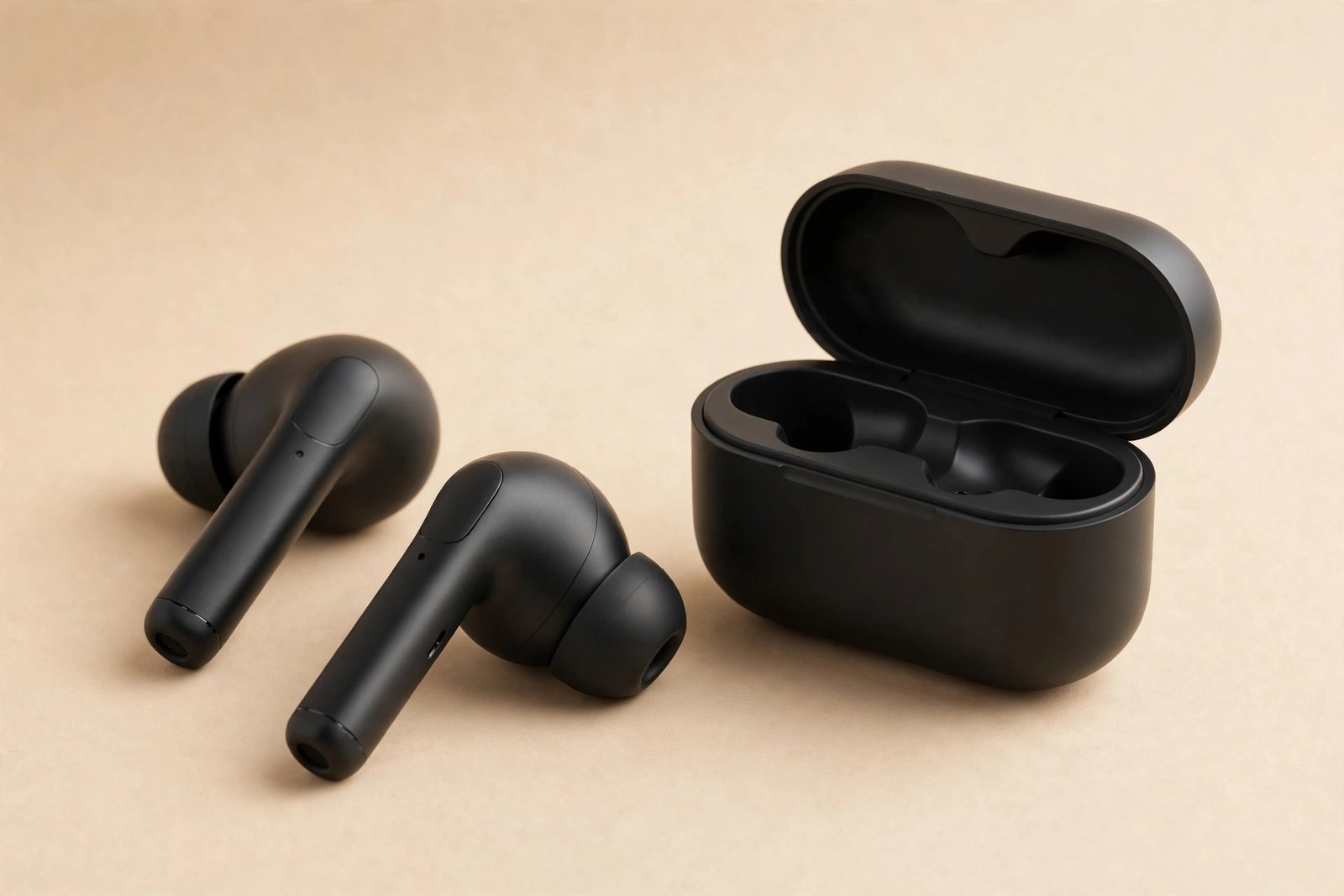 Black wireless earbuds beside a small matte black charging case