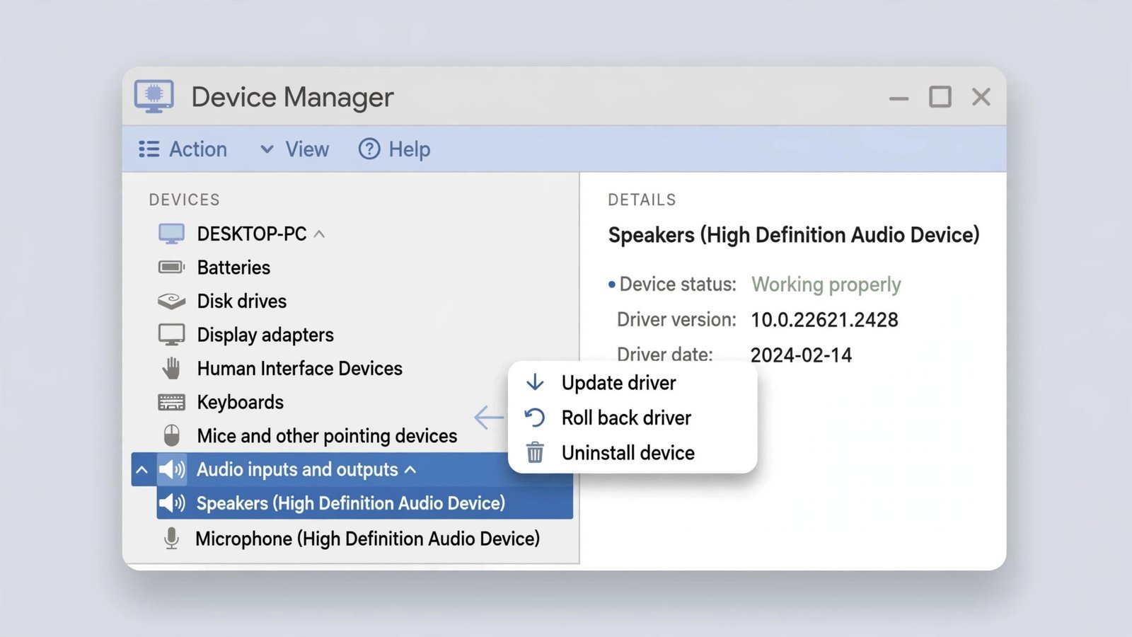 Annotated Device Manager window showing the audio device right-click menu with update, roll back, and uninstall driver options