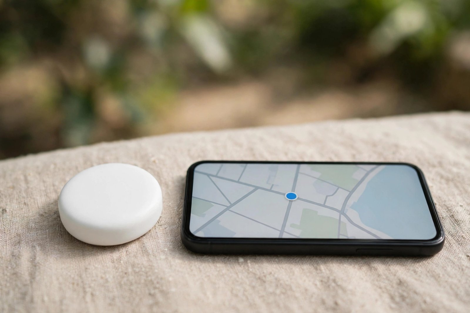 Small round white item tracker beside a smartphone showing a map with a location dot