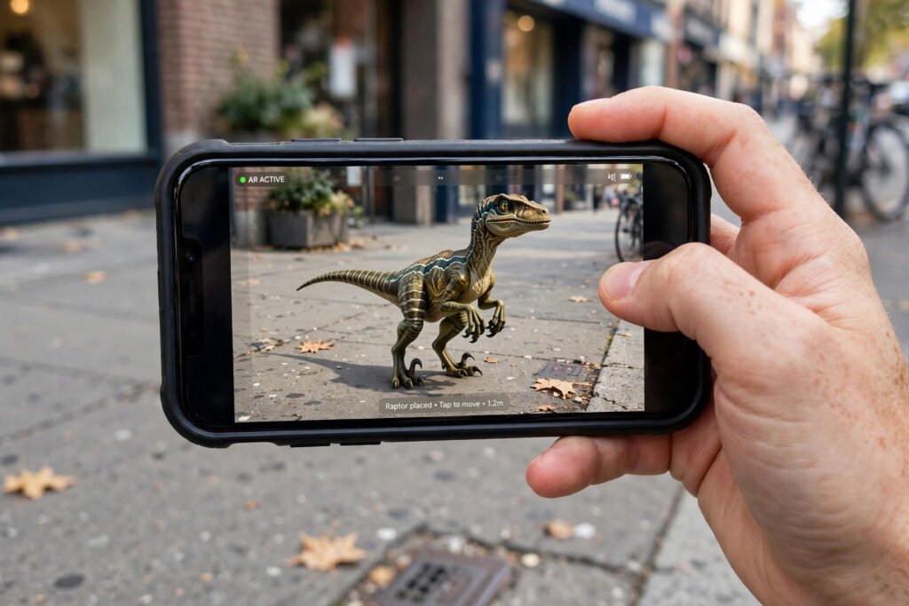 Augmented reality dinosaur appearing on a smartphone screen held up on a city street