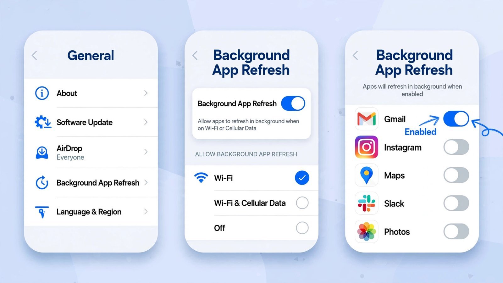 Annotated iPhone settings screens showing General, Background App Refresh, and the Gmail toggle switched on