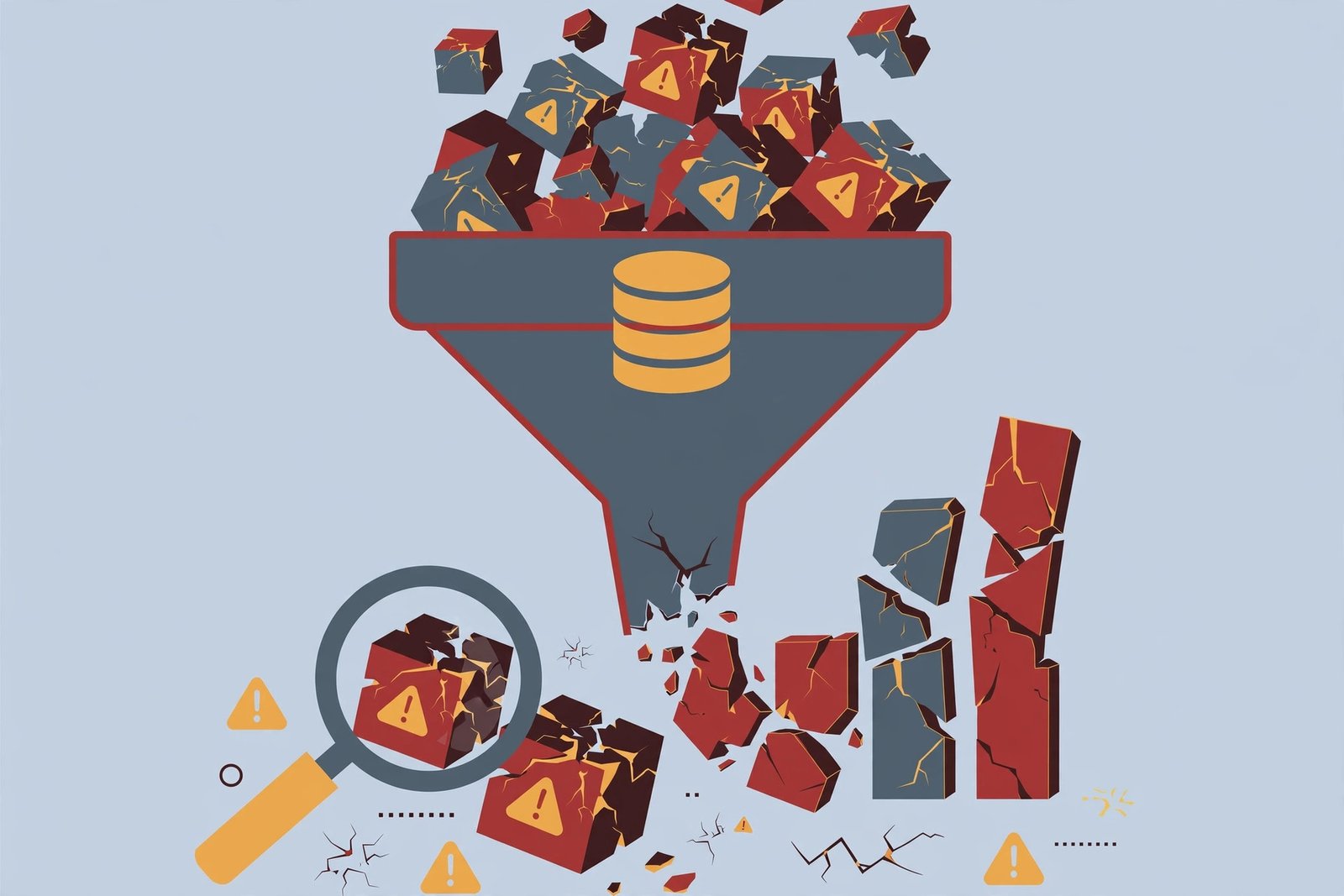 Funnel pouring messy broken data cubes in and producing a cracked misleading chart