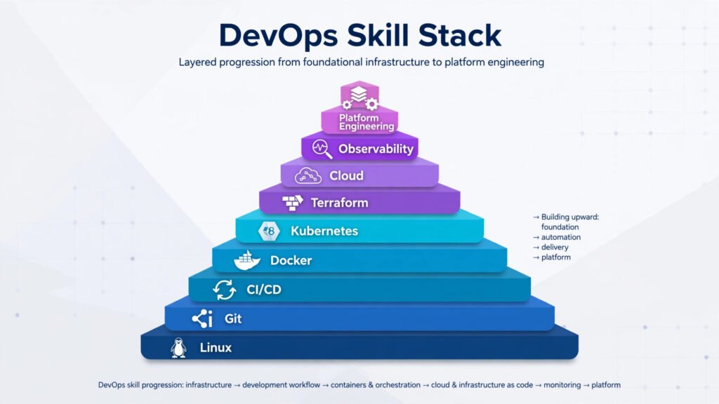 Infographic of the DevOps skill stack layers from Linux to platform engineering