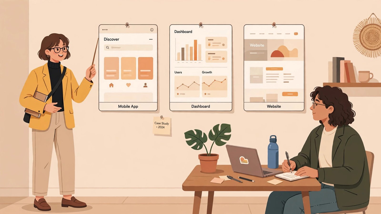Illustration of a designer presenting a portfolio case study in a job interview