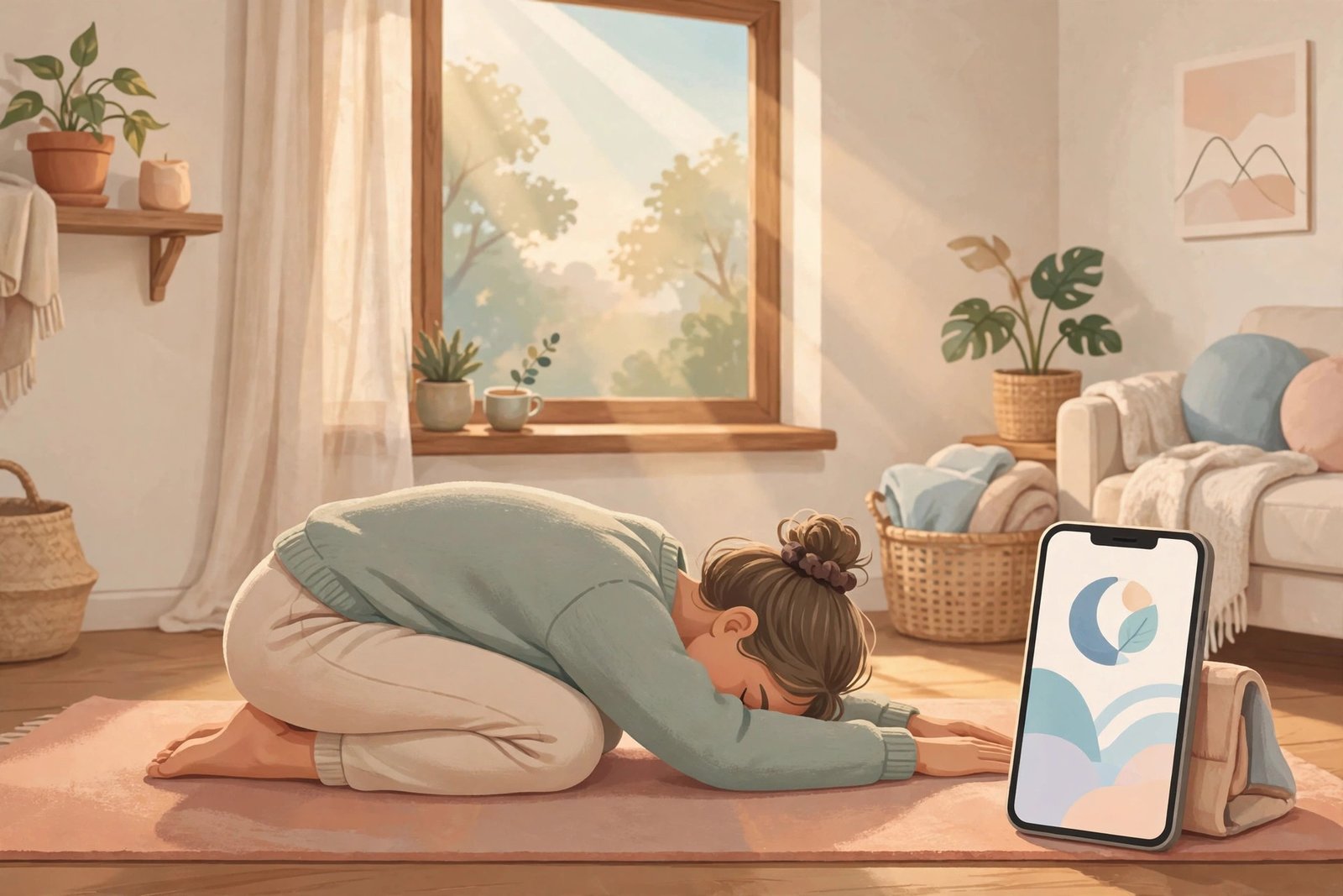 Beginner doing a simple yoga pose at home on a mat