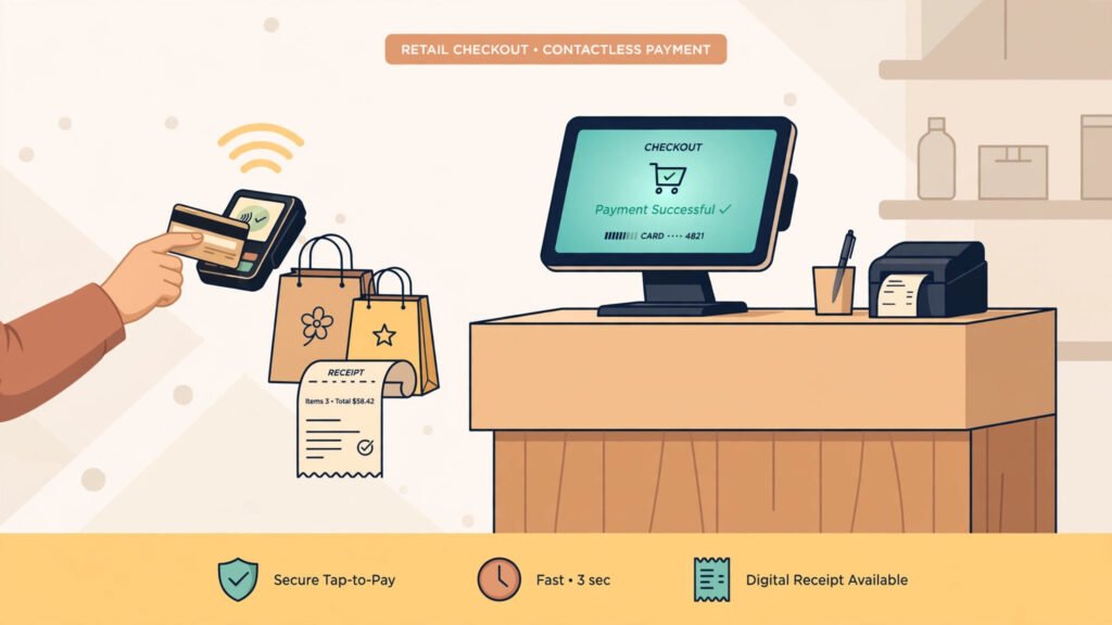 Modern retail checkout counter with a POS touchscreen terminal and a customer tapping a card