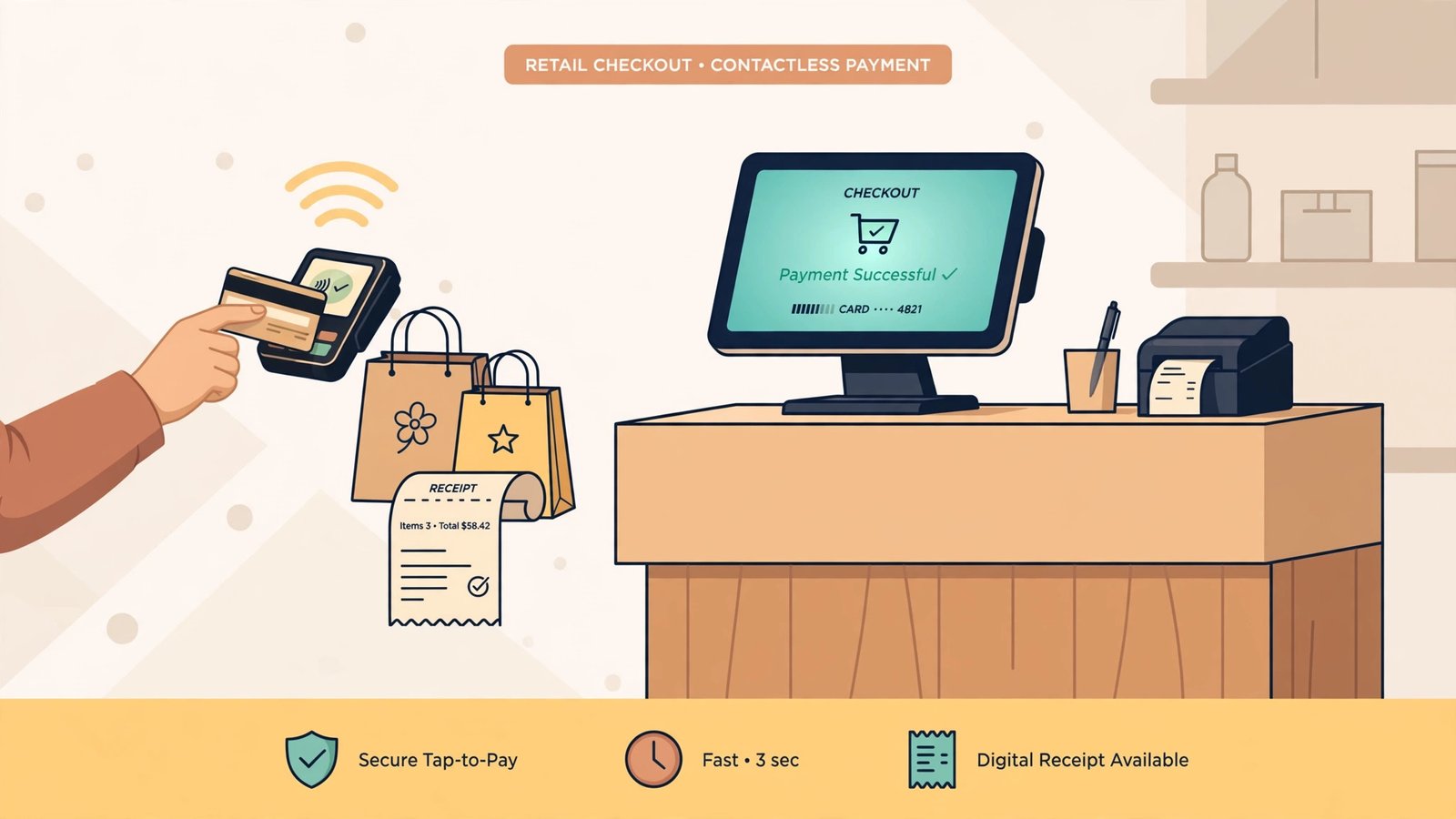 Modern retail checkout counter with a POS touchscreen terminal and a customer tapping a card