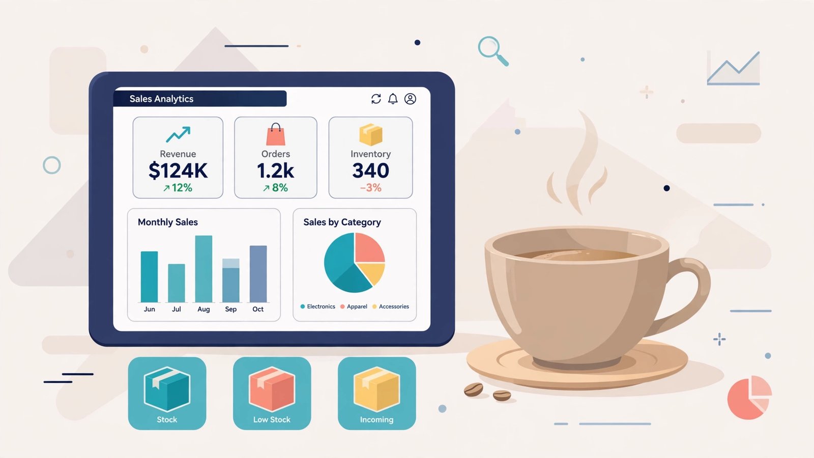 Tablet showing POS sales analytics dashboard with charts and inventory icons