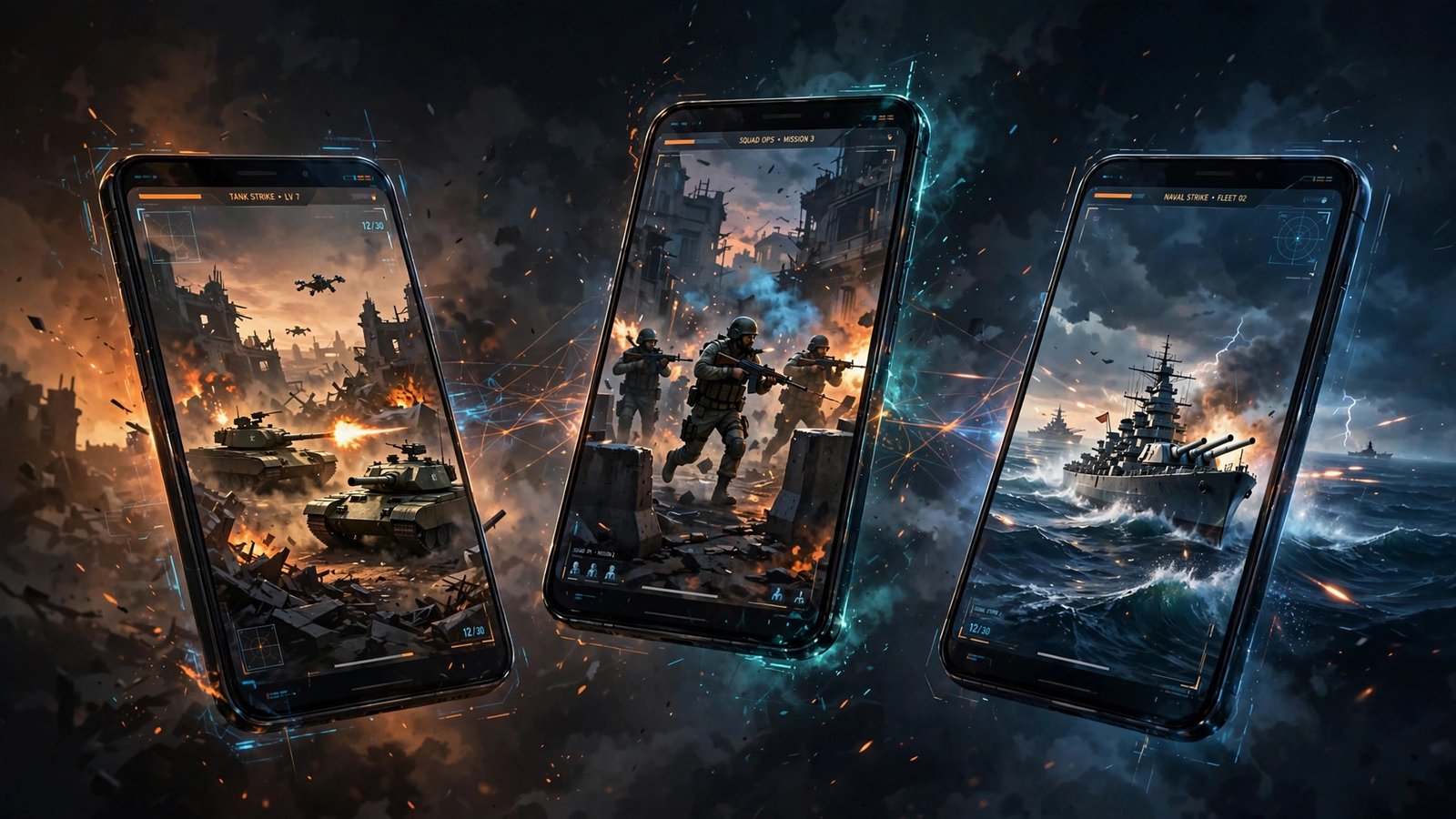 Three phones showing mobile war games: a tank battle, soldiers in combat, and a battleship at sea