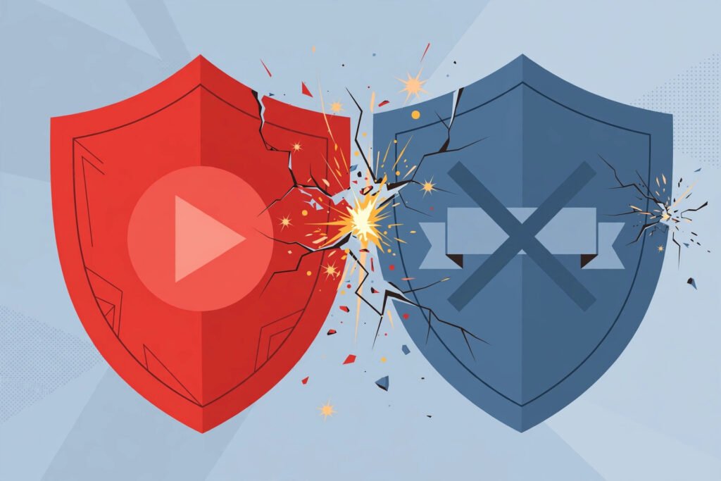 Illustration of the ad-blocking arms race: a YouTube play button shield pushing against an ad-blocker shield, with crack lines between them