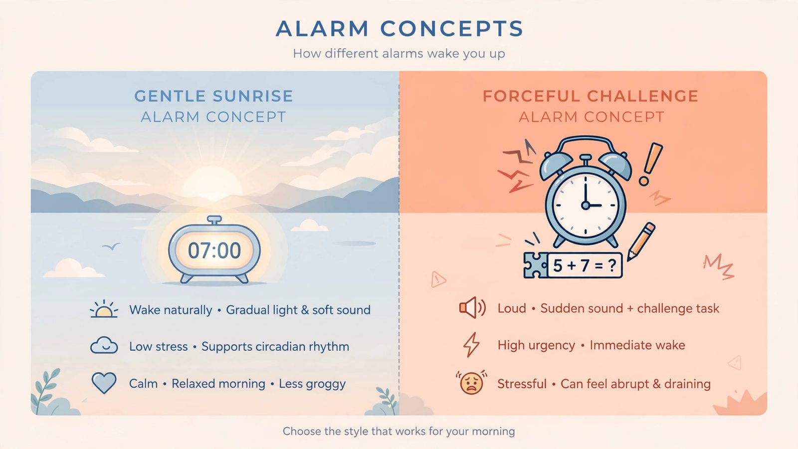 Diagram comparing gentle smart alarms versus forceful mission-based alarms for different sleeper types