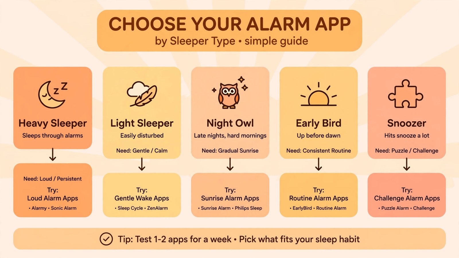 Infographic showing which alarm app to pick based on sleeper type