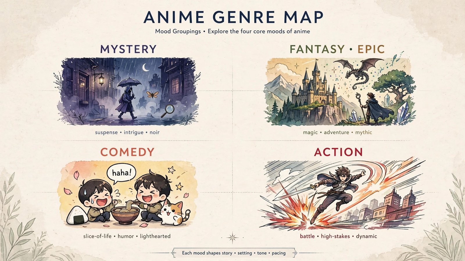 Diagram grouping Netflix anime picks by genre and mood