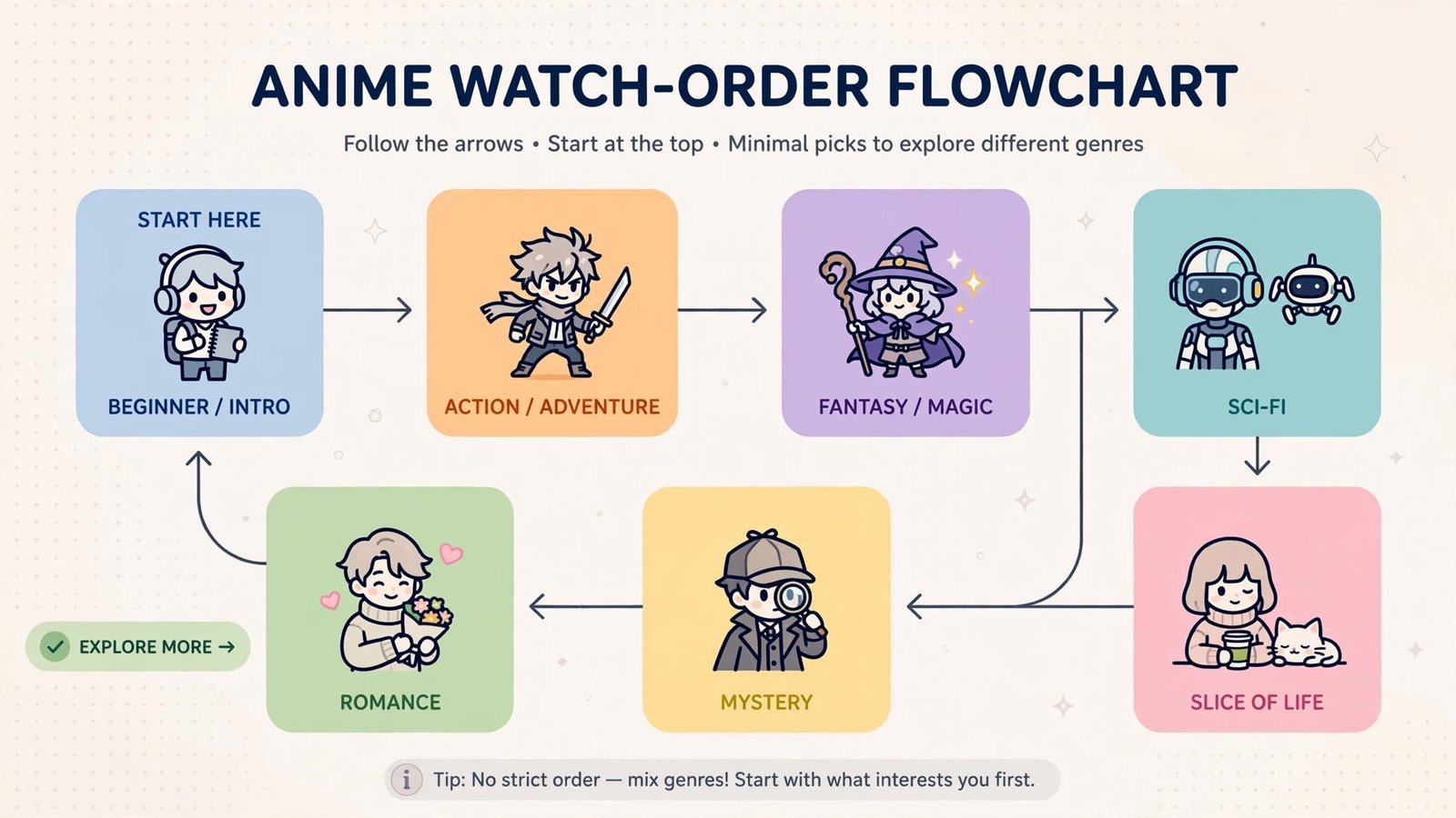 Flowchart recommending which Netflix anime to watch first