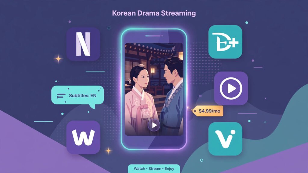 Smartphone playing a Korean drama surrounded by streaming app tiles, subtitles and price tag