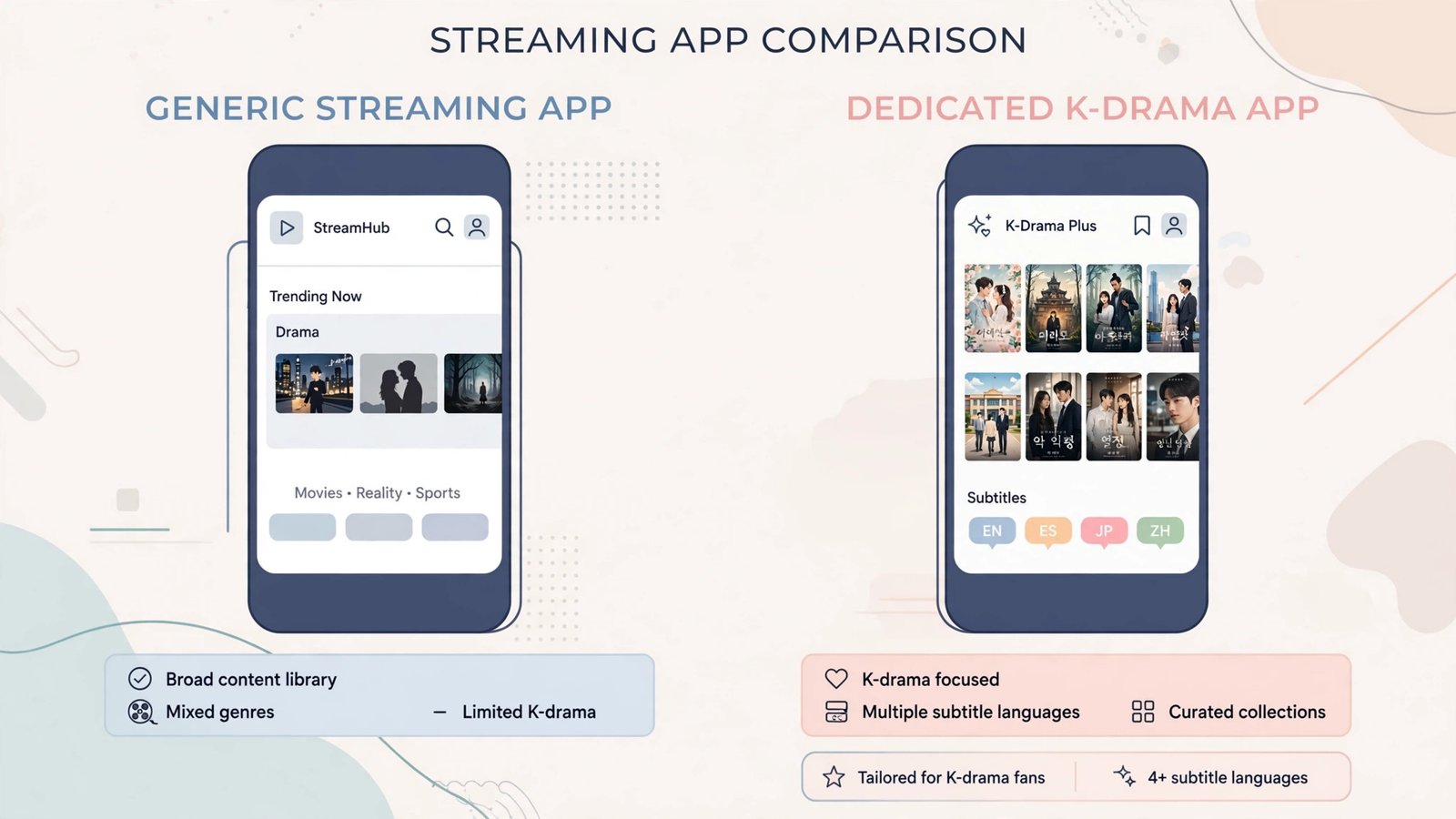 Comparison of a generic streaming app versus a dedicated K-drama app with drama posters and subtitle icons