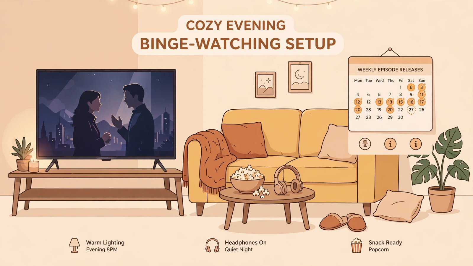 Cozy evening binge-watching setup with TV, couch, popcorn and a weekly episode release calendar
