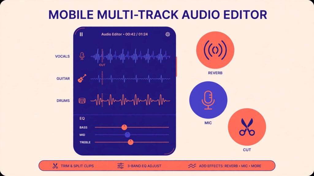 Smartphone displaying a multitrack audio waveform editor with cut markers, EQ sliders, and floating effects icons