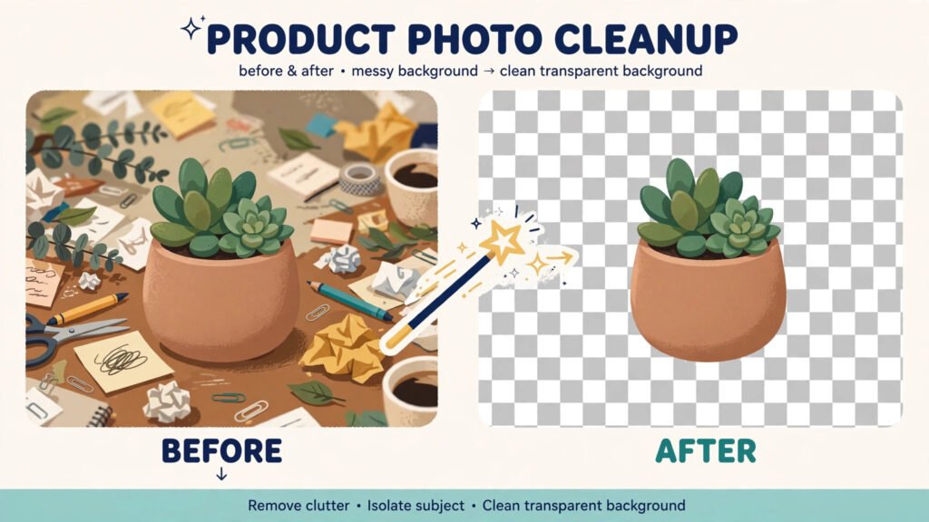 Before and after split: product photo with busy background next to the same subject on a transparent background