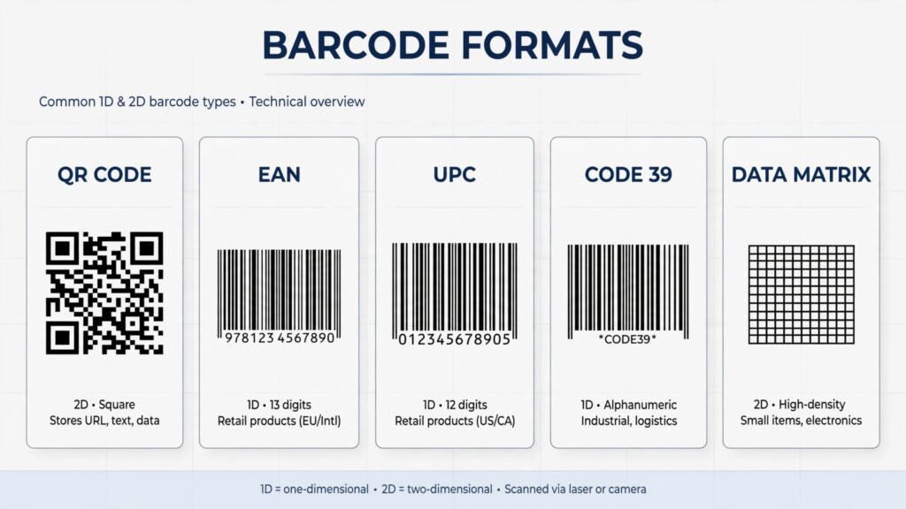 Diagram of barcode formats QR code EAN UPC Code 39 Data Matrix